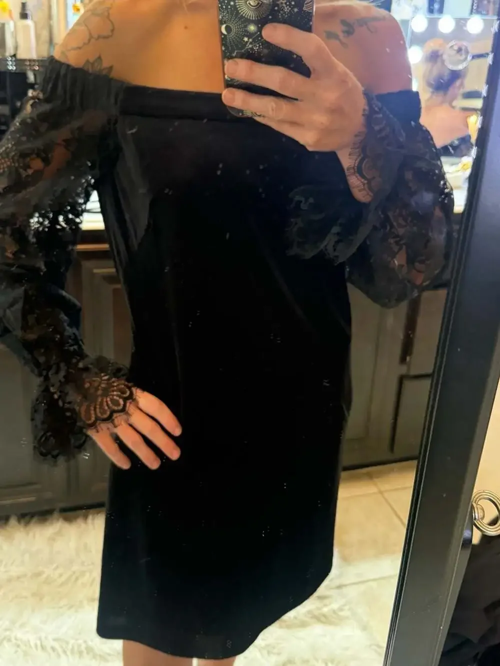 White House Black Market Size 4 Dress Velvet Body and Lace Sleeves